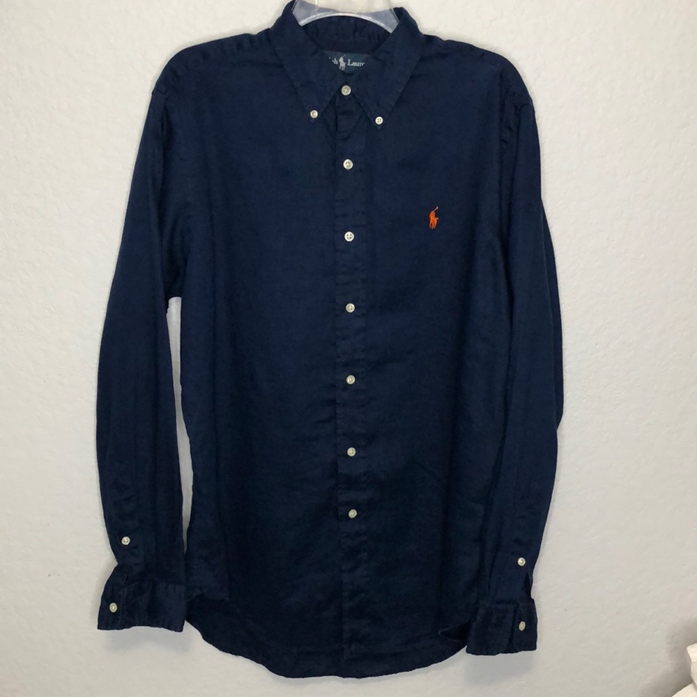 Ralph Lauren Navy Button-Down Shirt with Orange Pony